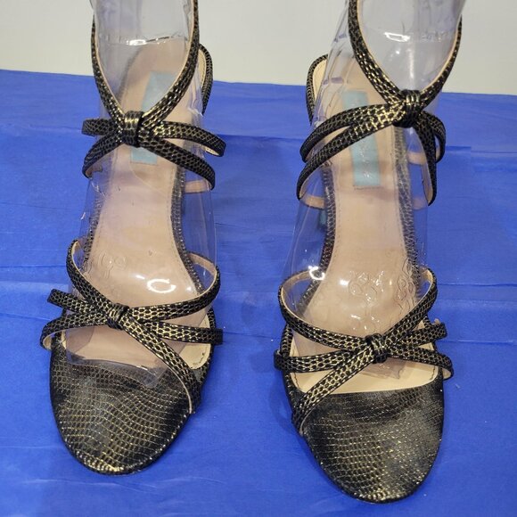 BETSEY JOHNSON Strappy Black & Gold Animal Print Heels - Picture 7 of 14